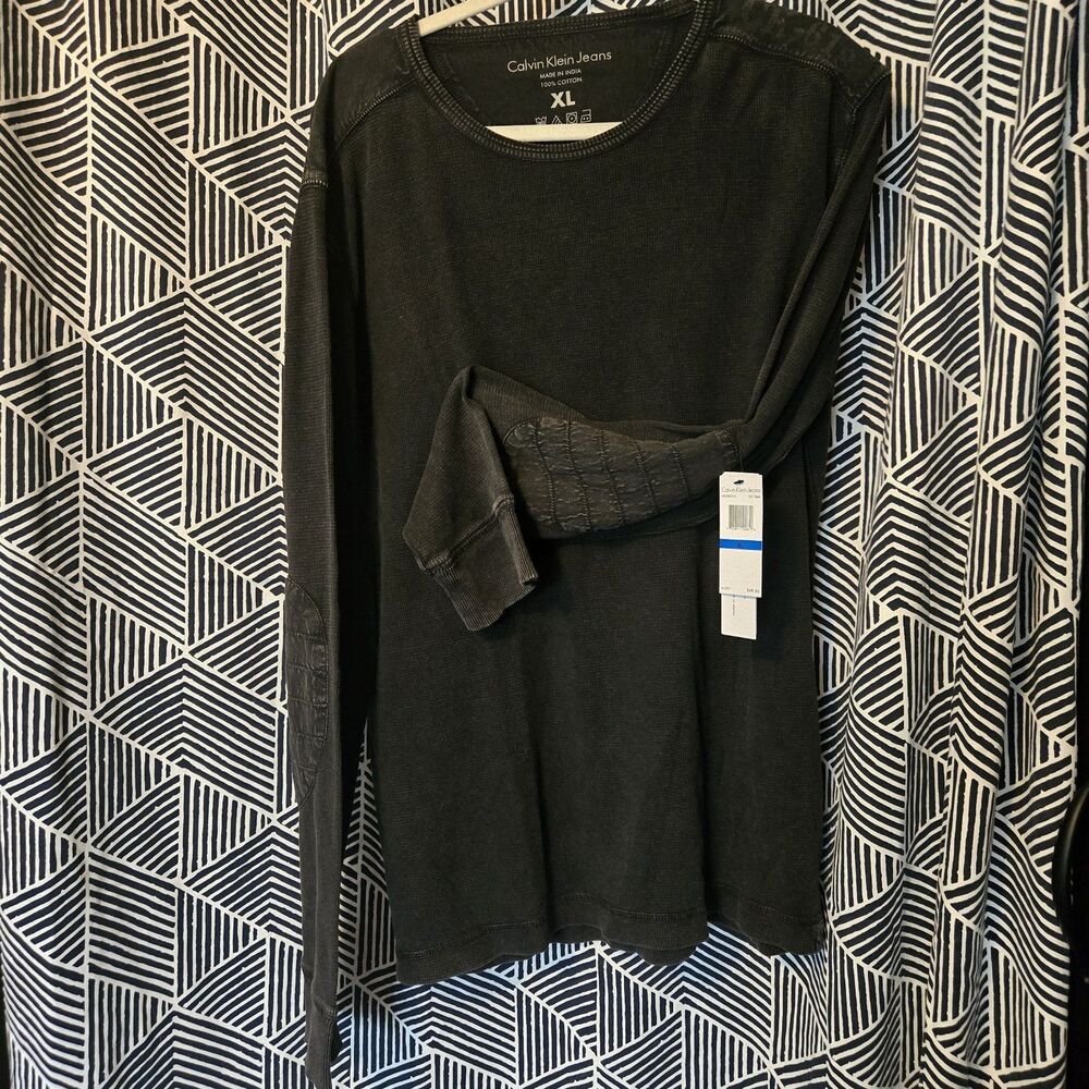 NWT Calvin Klein Men’s Charcoal Distressed Black Crew Henley Pullover XL Tall TG